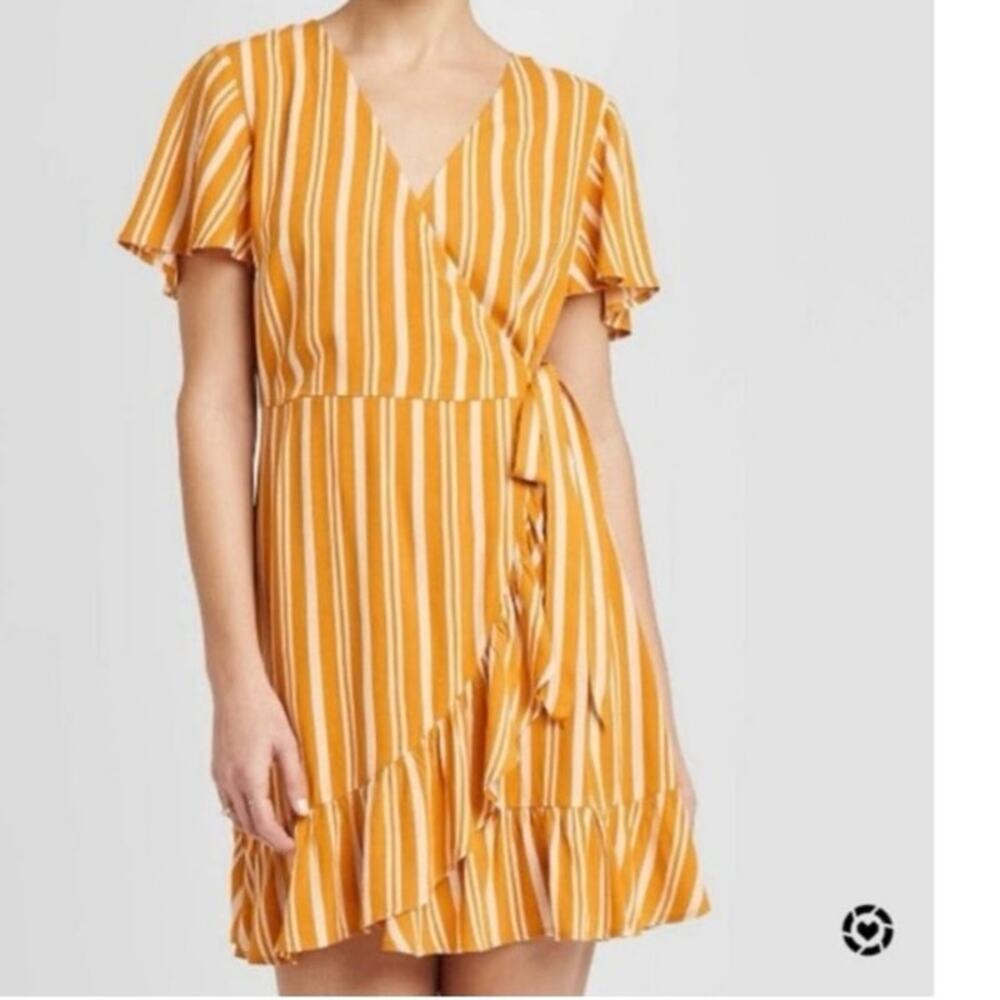 Xhilaration Striped Wrap Short Sleeve Ruffle Mini Dress -Mustard & White stripes